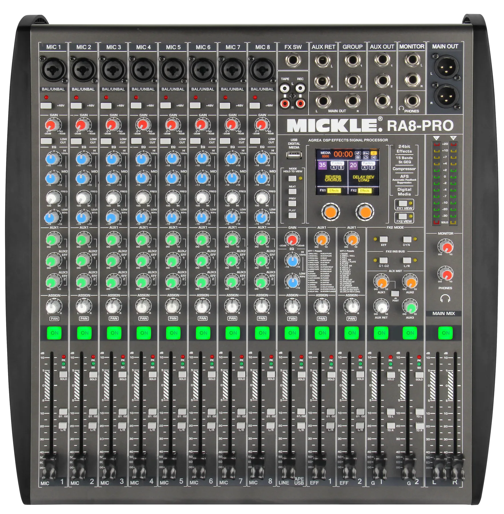 MICKLE RA8-PRO professional analog mixer with 100 mm faders and dual DSP