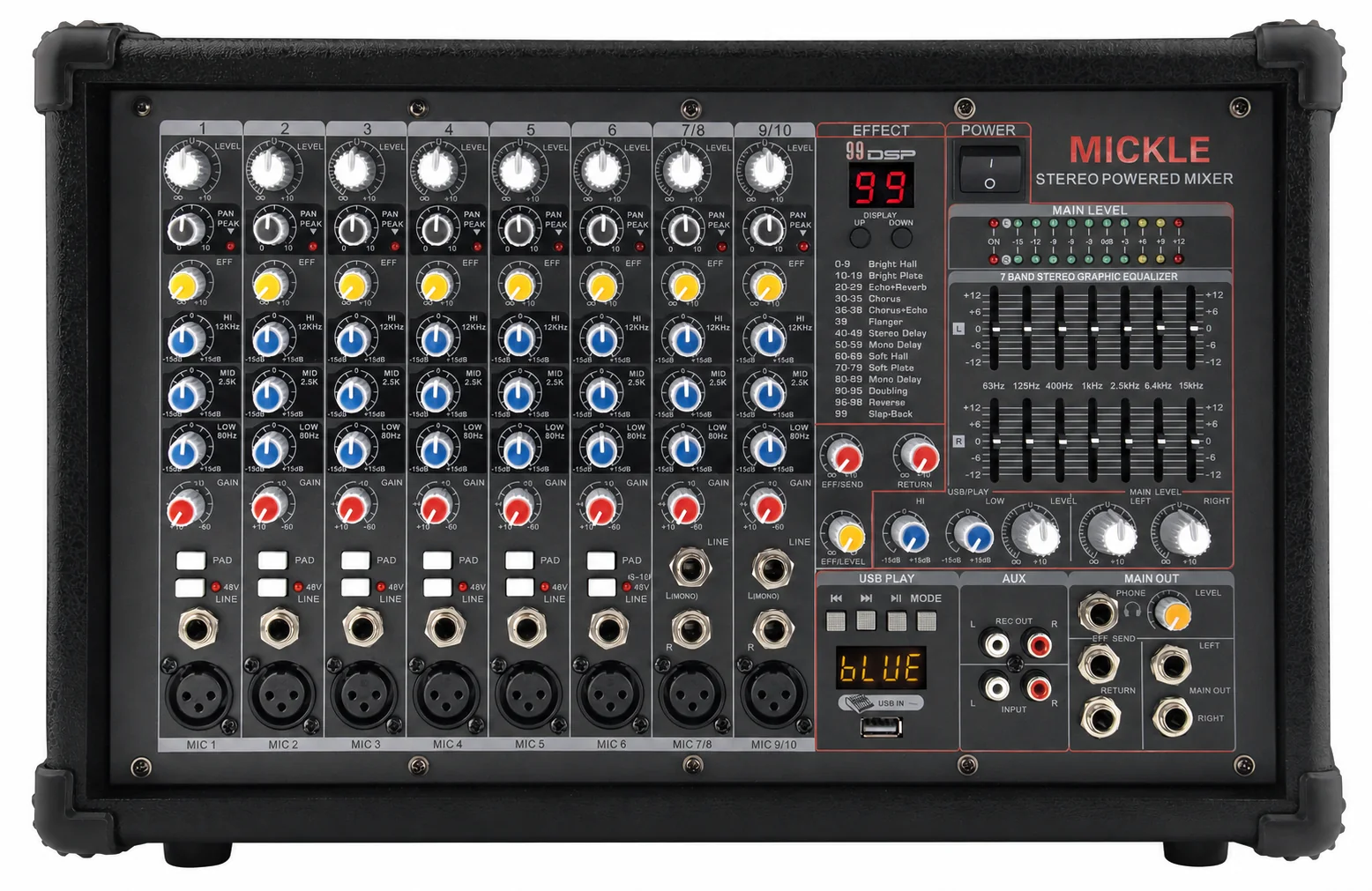MICKLE RPM7800 stereo powered mixer front control panel