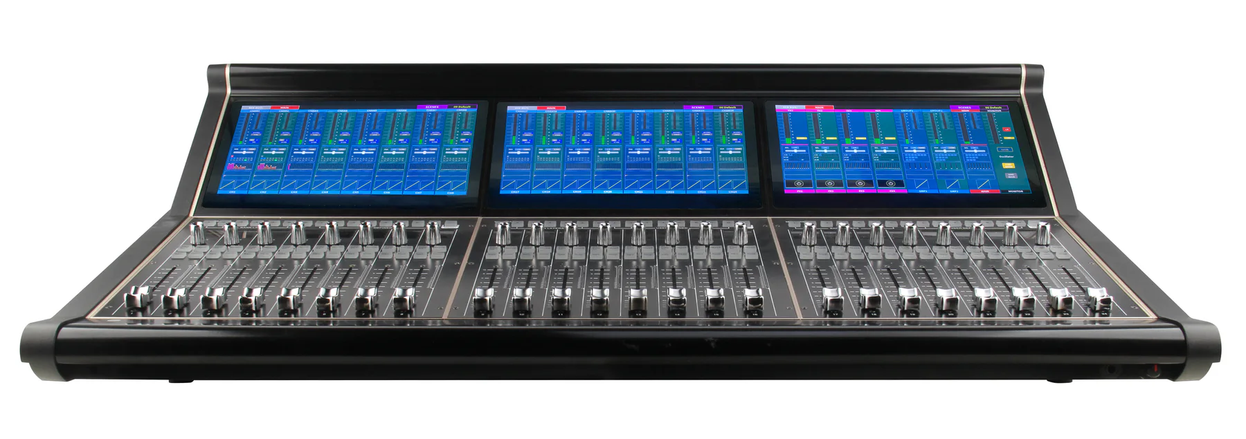 MICKLE TT40 digital mixer front view with three integrated displays